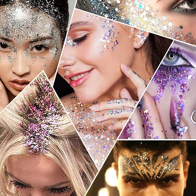12 Colors Body Glitter Gel Kit, Super Long Lasting Holographic Chunky Glitter Gel Festival Party Makeup for Face, Body, Hair, Nail Art, Eyeshadow, 3Pcs Sponge Makeup Brush Include (Set C)