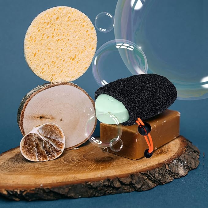 MIG4U Exfoliating Soap Bag for Shower 2 Pieces - Bar Soap Saver Pouch, Bamboo Body Scrubber Exfoliator Pocket in Travel Bathing, Black, Double Layer