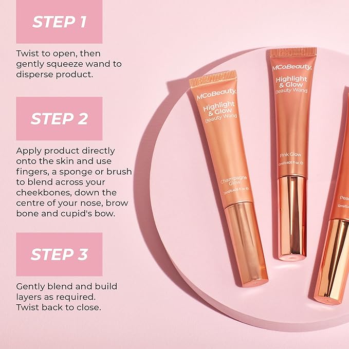 MCoBeauty Highlight & Glow Beauty Wand, Pink Glow, Luminous Highlight for Radiance Skin, Vegan, Cruelty Free Cosmetics