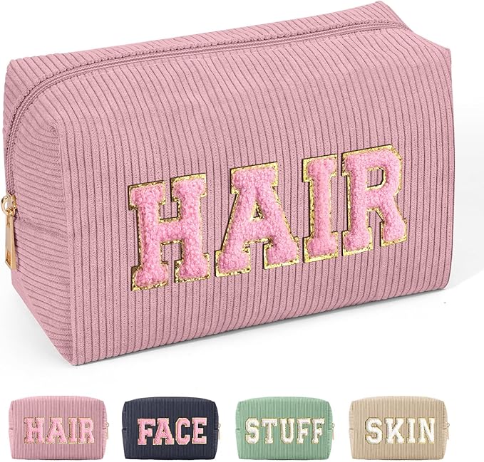 MAGEFY Corduroy Makeup Bag Small Makeup Bag for Purse with Compartments Cute Makeup Pouch Cosmetic Bag for Women Friends Preppy Gifts (Pink, HAIR)