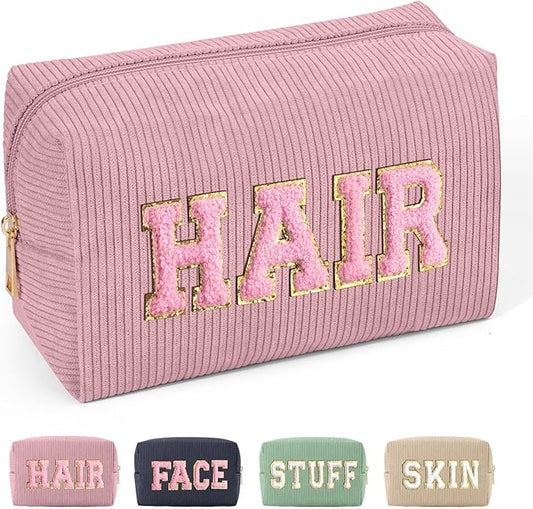MAGEFY Corduroy Makeup Bag Small Makeup Bag for Purse with Compartments Cute Makeup Pouch Cosmetic Bag for Women Friends Preppy Gifts (Pink, HAIR)