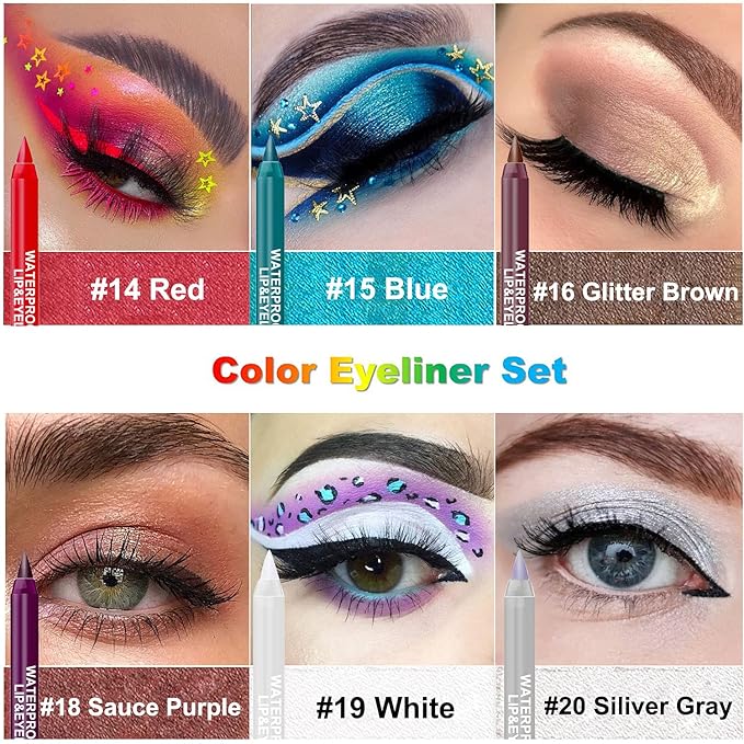 15 Colorful Eyeliner Pen Set, Shadow Pencil, Pearl Eyeliner Kit Metallic Glitter Eyeliner for Women Eye&Lip Liner Professional Colorful Eyeliner Eye Color Eye Makeup Set(15PCS)