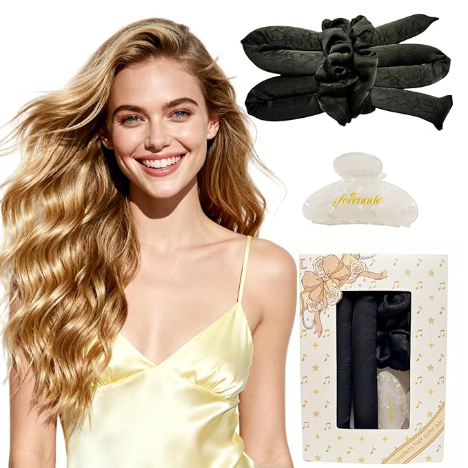 Serenade Textured Satin Heatless Curls Overnight, Heatless Hair Curler Curling Set for Women and Girls to Sleep in, with 2 Satin Scrunchies and 1 Clip for Overnight Curls, Black