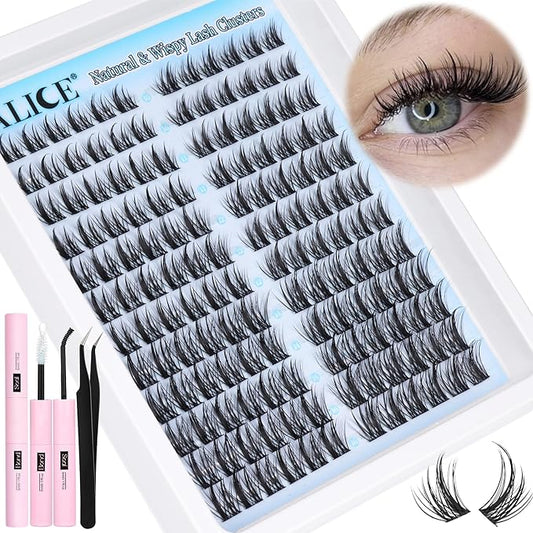 ALICE Natural Lash Clusters Kit Cluster Eyelash Extension Kit Left & Right Fluffy Wispy DIY Lash Extension Kit 144pcs 3D Anime C-Curly Eyelash Clusters Kit with Lash Glue Bond and Seal and Tweezers