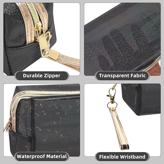Clear Colorful Makeup Bag, Thick PVC Small Clear Toiletry Bag for Travel, Waterproof Cosmetic Bag with Durable Zipper & Detachable Strap, Cute Transparent Pouch Organizer for Women, 7.1×4×3 In Black