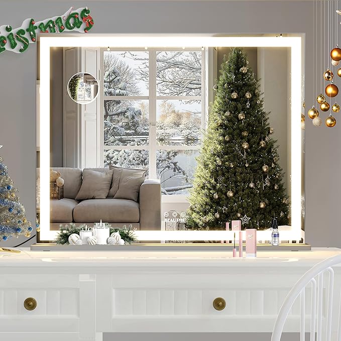 BEAUTME Vanity Mirror with Lights, Hollywood Lighted Makeup Mirror for Dressing Room & Bedroom, Slim Aluminium Frame Design(Silver,28.3" x 22.2")