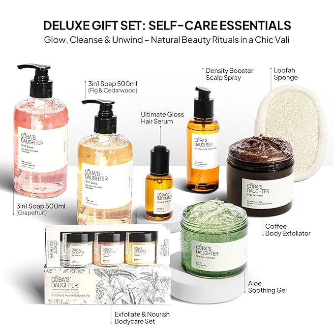 COBA'S DAUGHTER Rattan Gift Basket - 11-Piece Spa Inspired Bath, Body & Hair Kit for Women, Includes Coffee Scrub, Aloe Soothing Gel, Hair Serum, and Travel Minis (11 Pieces)