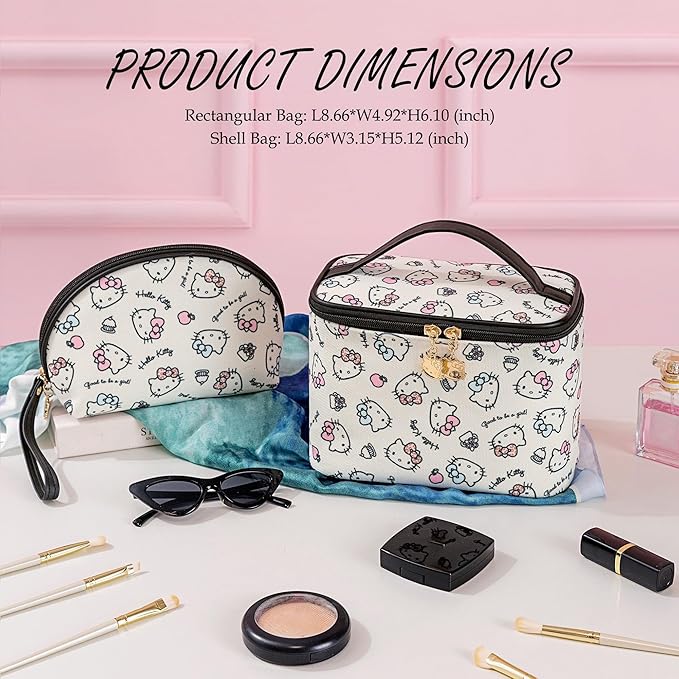 AmBealla Cosmetic Bag Large Makeup Bags White Travel Case with Makeup Brush Holder，2PCS Cosmetic Organizer for women, Toiletry Storage Bag for Skincare & Beauty Tools Sweet Cute for Girls