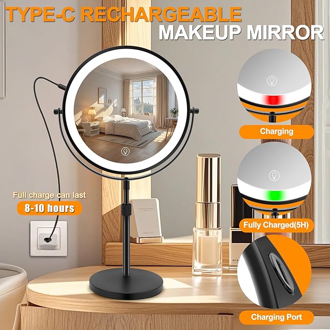 8.7" Large Lighted Makeup Mirror, 1X/10X Magnifying Mirror with 3 Color Dimmable Lights, Double Sided Vanity Mirror, Height Adjustable, 360° Swivel Cosmetic Mirror for Women Girl(Black)