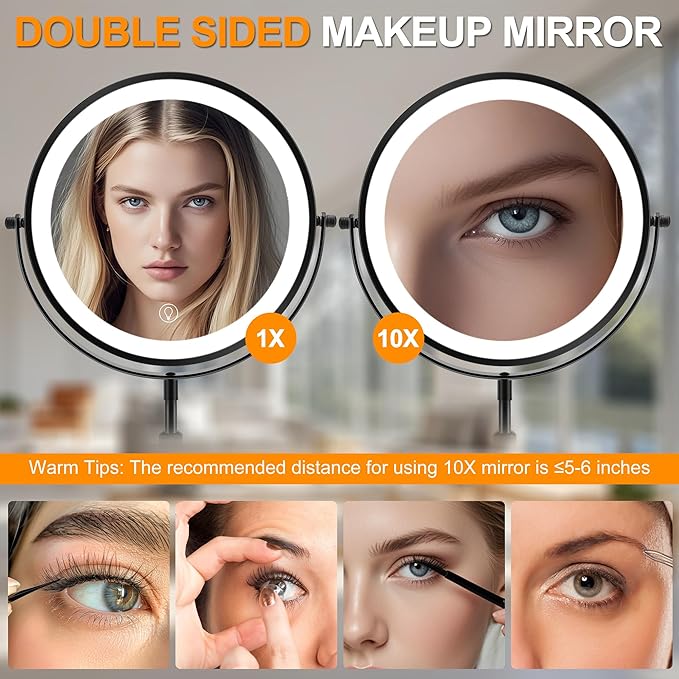 8.7" Large Lighted Makeup Mirror, 1X/10X Magnifying Mirror with 3 Color Dimmable Lights, Double Sided Vanity Mirror, Height Adjustable, 360° Swivel Cosmetic Mirror for Women Girl(Black)
