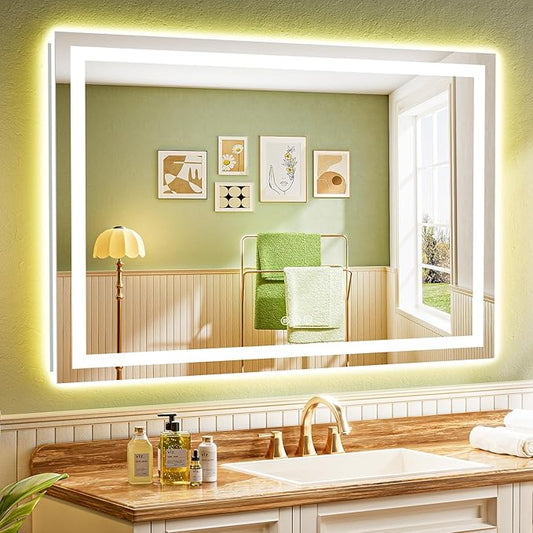 51x40 Inch LED Bathroom Mirror with Lights Front and Backlit Lighted Vanity Mirror for Bathroom Wall with 3 Colors Dimmable Anti-Fog Memory Shatter-Proof IP54 Waterproof Horizontal/Vertical