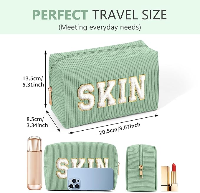MAGEFY Small Makeup Bag for Purse Portable Makeup Pouch with Compartments Corduroy Make up Bag for Women Travel Cosmetic Essential (Green, SKIN)