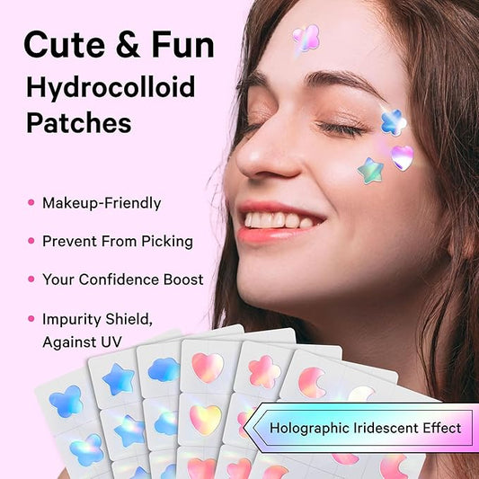 Sosky Hologram Pimple Patches for Face, Hydrocolloid Acne Patches with Salicylic Acid, Cute Star Zit Stickers,Colorful Blemish Covers,48 Count Pink Heart