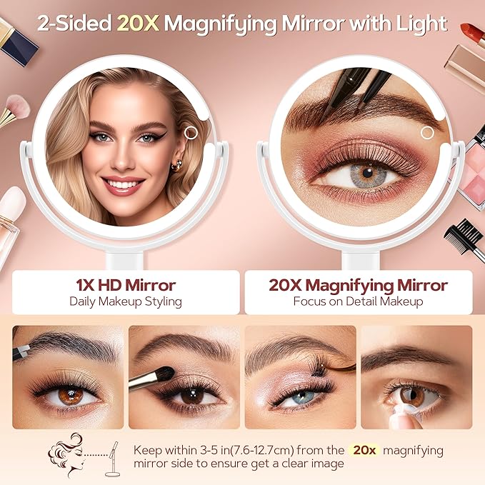 B Beauty Planet Makeup Mirror with Lights, Lighted Magnifying Mirror 20X with 3 Lighting and Adjustable Brightness, 2-Sided Height Adjustable Vanity Mirror for Bathroom, Gifts for Women White