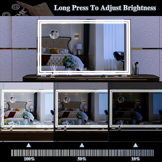 BEAUTME Vanity Mirror,40x24.3 Inch, Hollywood Mirror with Double Led Strips,Makeup Mirror for Dressing Room & Bedroom, Desktop Mirror/Wall Mounted Mirror 1.8M Charger Cable,Aluminium Frame,Silver