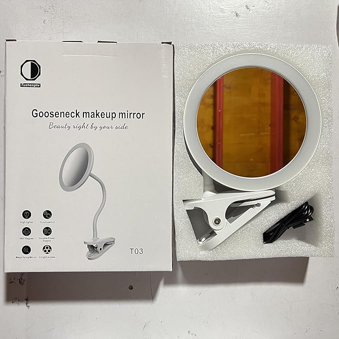 6.5" Clip On Gooseneck Makeup Vanity Mirror With Light, 2000mAh USB Lighted Travel Mirror, White 1X