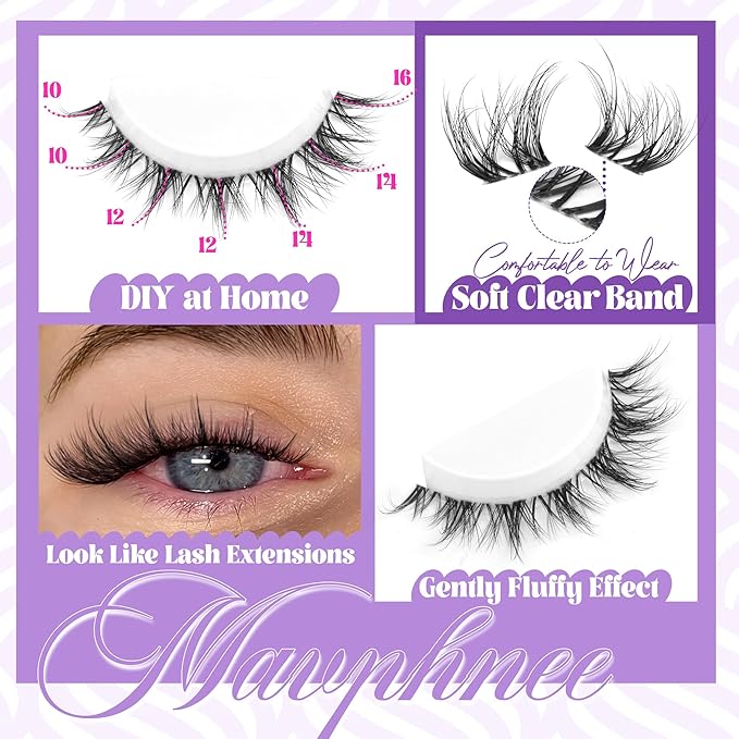 Mavphnee Lash Clusters Wispy Cluster Eyelash Extensions Natural Lash Individuals 10-16MM Mixed Clear Band Eyelashes Clusters LC-Curly Cluster Lashes 100 Pcs DIY at Home Soft Individual Eyelashes Pack