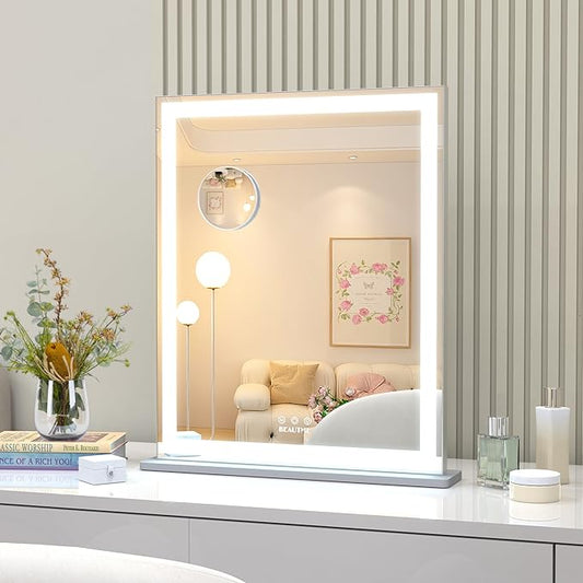 ANYHI Vanity Mirror with LED Light, 24"x20.5" Lighted Vanity Mirror with 10X Magnifying, 3 Color Modes, Dimmable, Smart Touch Control, Aluminum Frame, Tabletop/Wall Mount, Silver