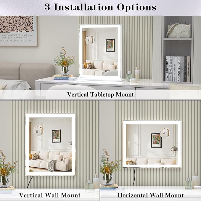 ANYHI Vanity Mirror with LED Light, 24"x20.5" Lighted Vanity Mirror with 10X Magnifying, 3 Color Modes, Dimmable, Smart Touch Control, Aluminum Frame, Tabletop/Wall Mount, White