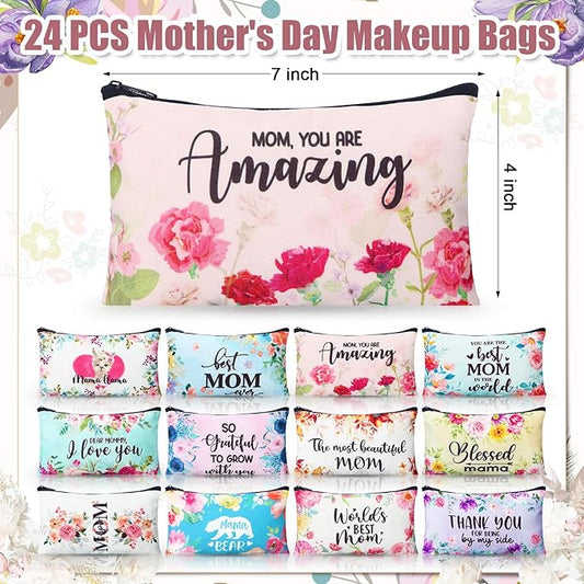 Meanplan 24 Pieces Mother's Day Makeup Bags Bulk Mom Gifts Canvas Cosmetic Purse Organizer Zipper Cosmetic Pouch Portable Travel Toiletry Pouch Mother's Day Gifts Women Birthday Retirement