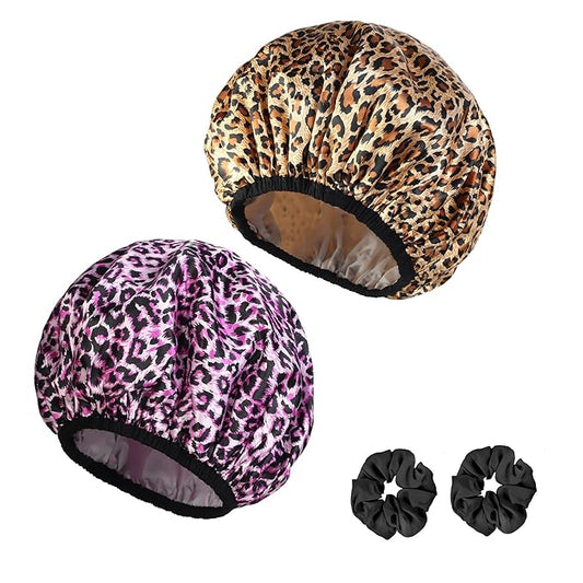 2-Pack Reusable Waterproof Shower Caps for Women, Double-Layer Elastic Bath hat,Extra Large Hair Cap for Long Curly Hair（Leopard）