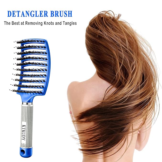 KTKUDY Detangling Brush Boar Bristles Hairbrush Make Hair Shiny & Healthier Curved and Vented Detangler Brush for Women Men Kids Wet and Dry Hair (Blue)