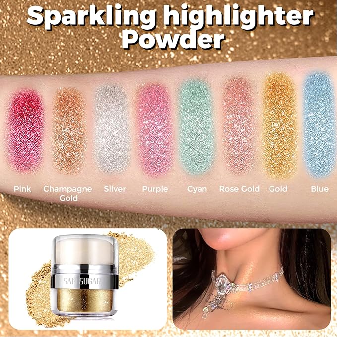 Body Shimmer Powder, Glitter Highlighter for Face, Liquid Highlighter Blush Body Glow Shimmer Powder Fairy Brightening Makeup Stick for Eyes, Hair (Gold, 1.13 Oz)