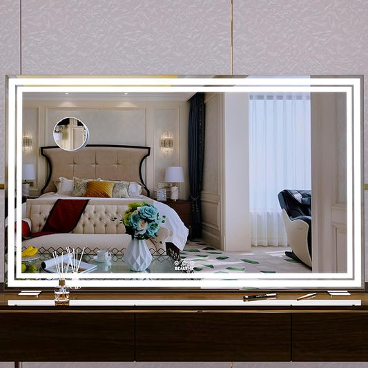 BEAUTME Vanity Mirror, Large Hollywood Mirror with Lights for Tabletop,Lighted Makeup Mirror for Dressing Room & Bedroom, Desktop Mirror/Wall Mounted Mirror 1.8M Cable,Silver(101.6 × 62cm)