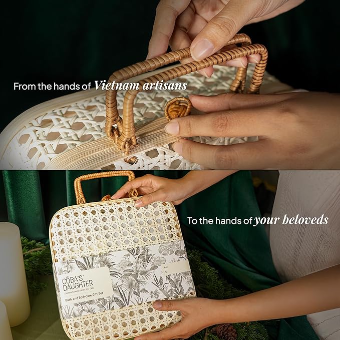 COBA’S DAUGHTER Luxury Spa Gift Set – 7-Piece Bath & Body Set with Rattan Case, Body Wash, Bubble Bath & Scrub – Premium Holiday, Birthday, housewarming, bridal shower & Self-Care Gift