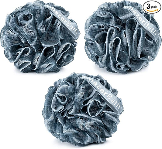 AmazerBath Loofah Sponge, Shower Loofah for Men and Women - Body Scrubber Loofa Set of 3 Indigo & White Edge, Bath Sponge 60g/PCS