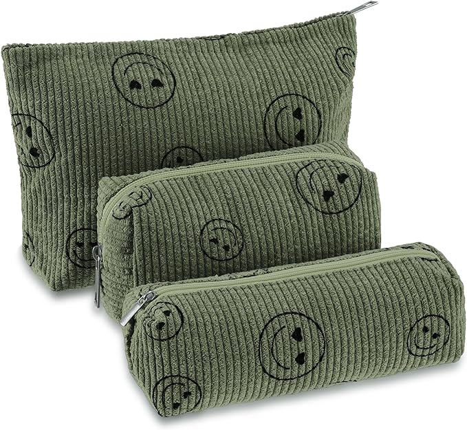 3 Pcs Makeup Bag Set for Women Corduroy Cosmetic Pouch Aesthetic Smile Travel Toiletry Bag Cute Purse Pouch Pencil Case Makeup Brushes Storage Organizer for Christmas(Army Green,Smile Face)