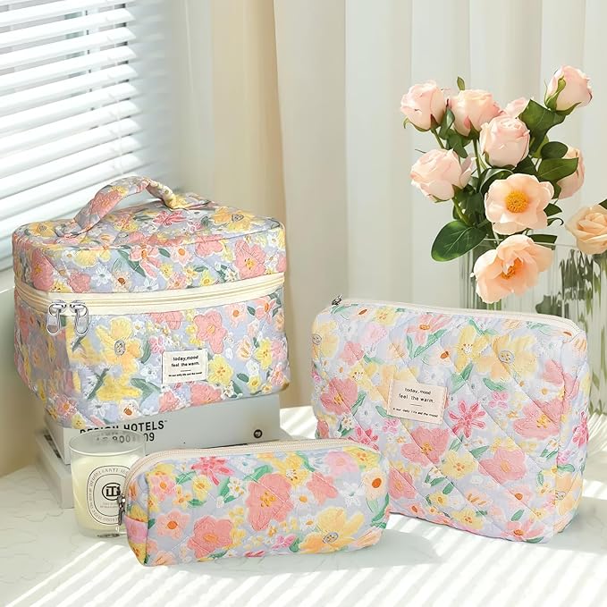 3 Piece Floral Oil Painting Print Cotton Quilted Makeup Bag Set, Large Capacity Travel Makeup Bags for Women and Girls, Includes Small, Medium, and Extra Large aesthetic makeup&Cosmetic Bags