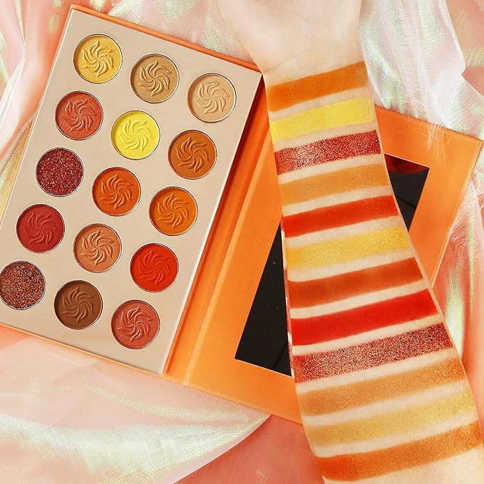 Afflano Red Orange Eyeshadow Palette Sunset 15 Color, Highly Pigmented Glam Fall Eye Shadow Makeup Palettes, Nudetude Brown Yellow Gold Orange Matte Glitter Shimmer Warm Eyeshadow Pallet