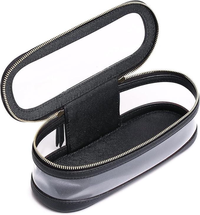 Makeup Brush Case Clear Travel Cosmetic & Toiletry Bag Slim Makeup Bag with Zipper Small Purse Organizer Car Essential Bag for Women (Black, SLIM-2),