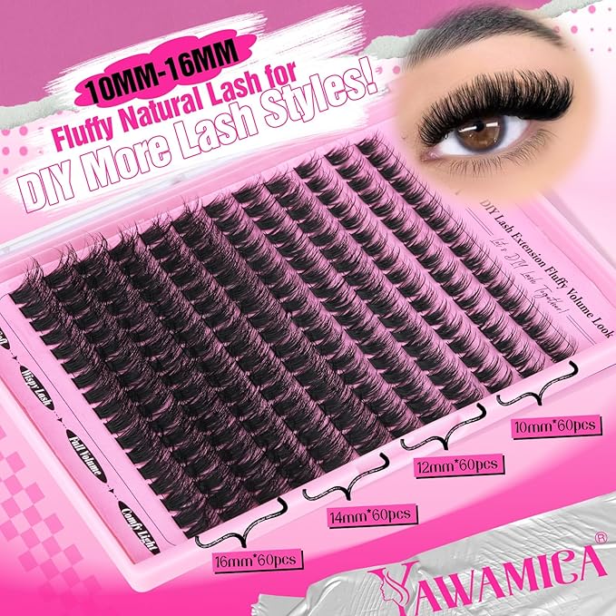 Yawamica Cluster Eyelash Extensions Fluffier 10-16mm Wispy Lash Clusters 100D Thick Volume Individual Lashes D Curly Eyelash Clusters 240pcs DIY Lash Extension at Home for Beginners