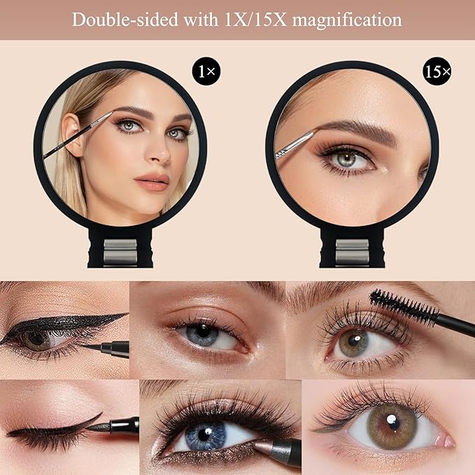 1X/15X Magnifying Folding Makeup Mirror, Black Double Side Handheld Mirror, Tabletop Vanity Mirror with Stand for Precision Makeup