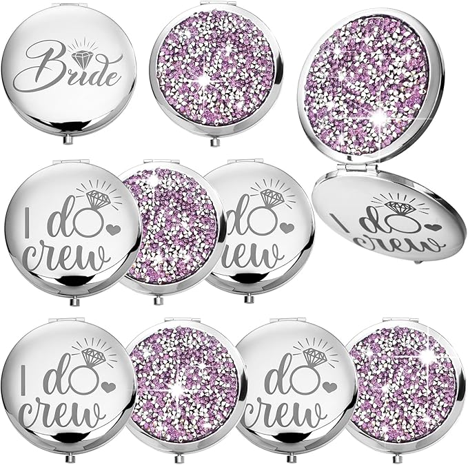 Barydat 10 Pieces Bridesmaid Gifts Set Magnifying Compact Mirror Bride I Do Crew Bridesmaid Proposal Gifts Travel Small Mirror for Purse Makeup Pocket Mirror for Women Wedding Party(Purple)