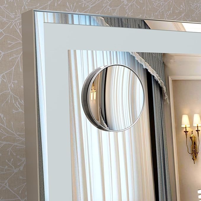 BEAUTME Vanity Mirror with Lights,Hollywood Lighted Makeup Cosmetic Mirrors with Smart Button,Tabletop Makeup Mirrors,with10X Round Mirror,48.5x40.5cm,Silver