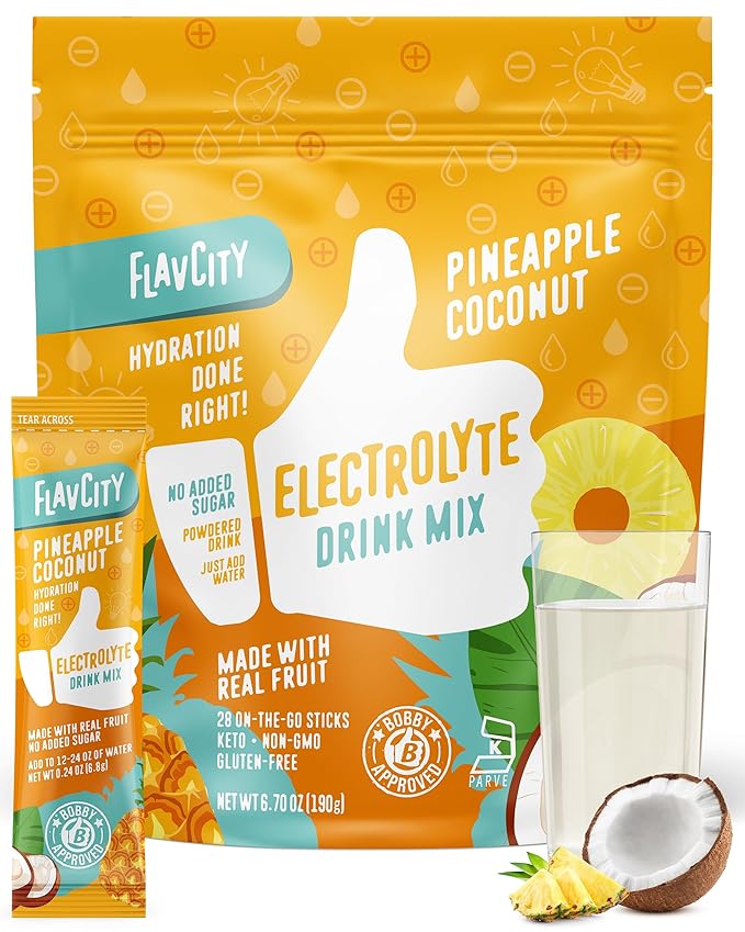 FlavCity Pineapple Coconut Electrolytes Powder Packets - 28 Hydration Packets - No Added Sugar - Hydration Powder with Real Fruit & Unrefined Sea Salt - Keto & Gluten-Free (28 Stick Packs)