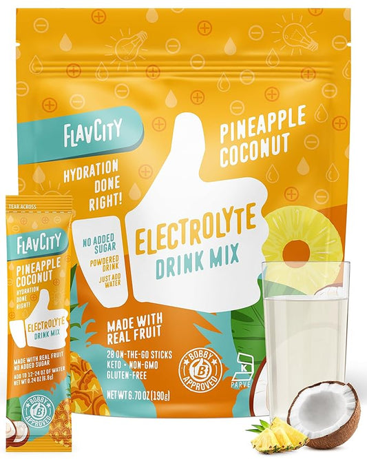FlavCity Pineapple Coconut Electrolytes Powder Packets - 28 Hydration Packets - No Added Sugar - Hydration Powder with Real Fruit & Unrefined Sea Salt - Keto & Gluten-Free (28 Stick Packs)
