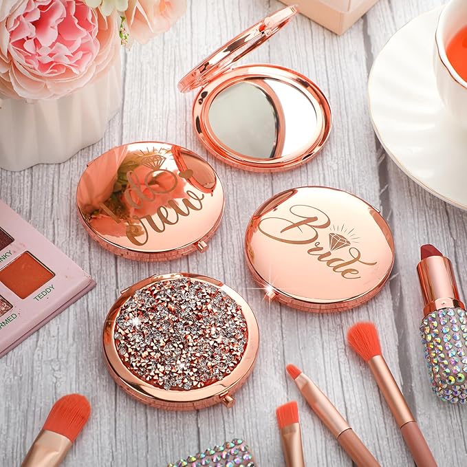 Barydat 10 Pieces Bridesmaid Gifts Set Magnifying Compact Mirror Bride I Do Crew Bridesmaid Proposal Gifts Travel Small Mirror for Purse Makeup Pocket Mirror for Women Wedding Party, Rose Gold