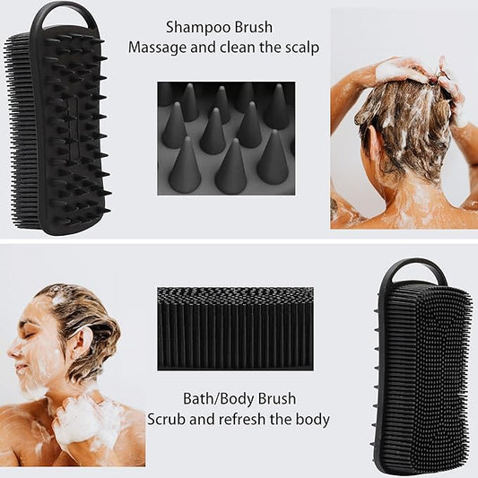 2 PC Silicone Exfoliating Body Scrubber, 2 in 1 Silicone Body Shampoo Brush, Soft Silicone Loofah for Sensitive Skin, Shower Silicone Hair Scalp Massager, Easy to Clean, Lather Well (Black&Pink)