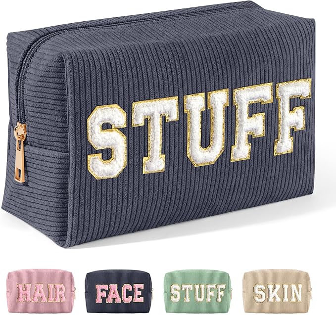 MAGEFY Small Makeup Bag for Purse Portable Makeup Pouch with Compartments Corduroy Make up Bag for Women Travel Cosmetic Essential (Dark Gray, STUFF)