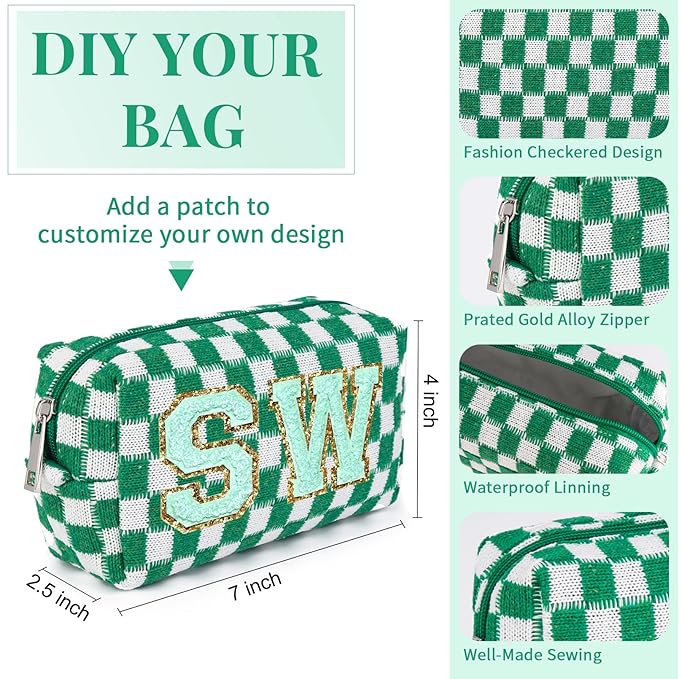 6 Pcs Preppy Makeup Bag Checkered Cosmetic Bag Bulk Green Makeup Pouch Personalize Travel Toiletry Bag Organizer Cute DIY Makeup Brushes Storage Bag for Women