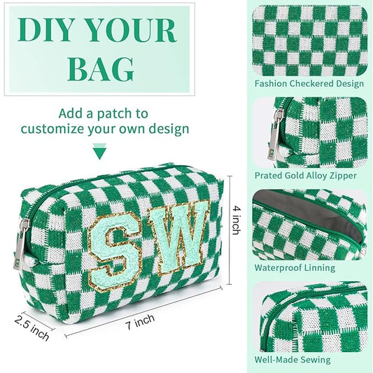 6 Pcs Preppy Makeup Bag Checkered Cosmetic Bag Bulk Green Makeup Pouch Personalize Travel Toiletry Bag Organizer Cute DIY Makeup Brushes Storage Bag for Women