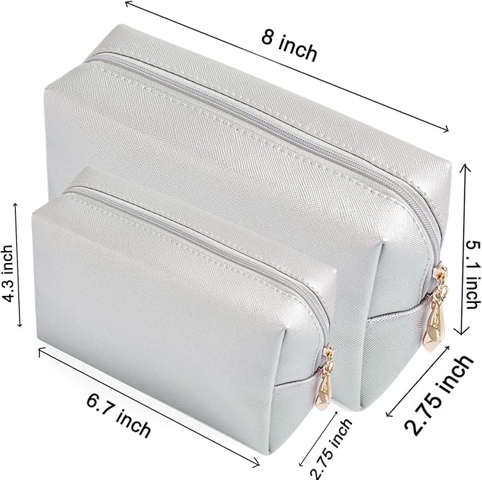 2pcs set PU Leather Cosmetic Bag for Women Minimalism Makeup Bag for Daily Use Portable Storage Purse Small Neat Cosmetic Pouch Water-resistant Toiletry Bag for Travel (Silver)