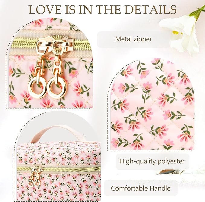 3 PCS Travel Makeup Bag Set, Large Cotton Make up Bag Quilted for Women, Floral Cosmetic Bag Toiletry Bag for Girls Cute Flower Toiletry Bag Travel Accessories Brushes Kawaii Stuff - Yellow and Flower