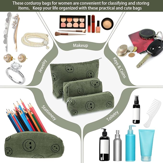 3 Pcs Makeup Bag Set for Women Corduroy Cosmetic Pouch Aesthetic Smile Travel Toiletry Bag Cute Purse Pouch Pencil Case Makeup Brushes Storage Organizer for Christmas(Army Green,Smile Face)