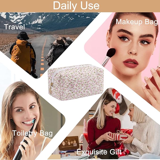 Makeup Bag Travel Cosmetic Bag for Women Girls, Zipper Make Up Pouch, Floral Flowers Toiletry Organizer Makeup, Portable Storage Cosmetic Travel Cloth Bag (Pink Floral)