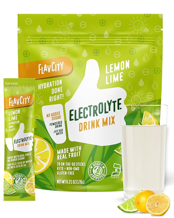 FlavCity Lemon Lime Electrolytes Powder Packets - 28 Hydration Packets - No Added Sugar - Hydration Powder with Real Fruit & Unrefined Sea Salt - Keto & Gluten-Free (28 Stick Packs)